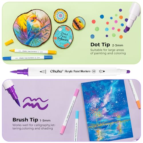 Image of Ohuhu Acrylic Paint Markers 36 Colors: Dual Tips (Brush & Dot) Paint Pens High Opacity Acrylic Markers Waterproof Lightfast for Rock Painting Easter Eggs Wood Glass Ceramic Canvas, Multicolor