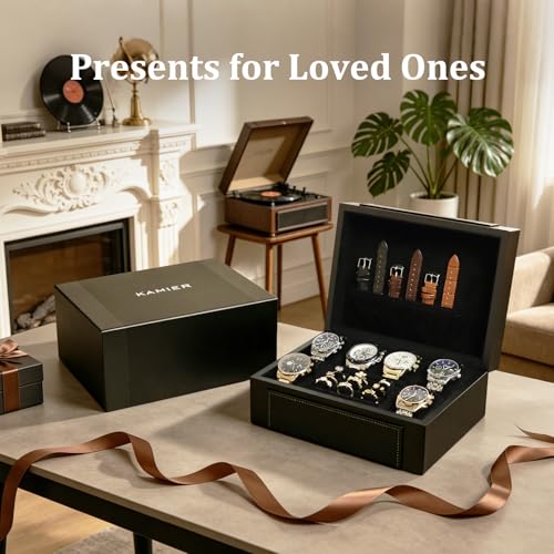 Image of KAMIER Watch Box for Men, 6-Slot High End Wooden Watch Case with Jewelry Organizer, Watch Box Holder Organizer for Men Women, Watch Storage Box with Soft Velvet Pillows, Ideal for Gift