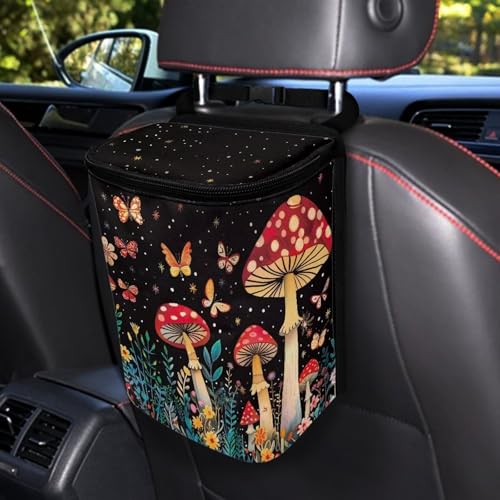 Image of Butterfly Mushroom Car Trash Can with Lid car Accessories Leak Proof Car Trash Bag Hanging Car Garbage Can Multipurpose Storage Container for Back Seat Road Trip