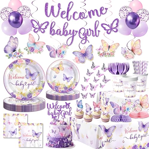 Butterfly Baby Shower Decorations for Girl 217PCS Serves 24 Disposable Plates and Napkins Set with Cake Topper Centerpieces Banner Tablecloth for Baby Girl Baby Shower Decorations