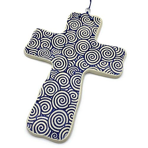 B JANECKA Blue Swirl Cross of Hope, 8 x 6 Inches, Handmade in USA, Pottery 9th Anniversary Gift