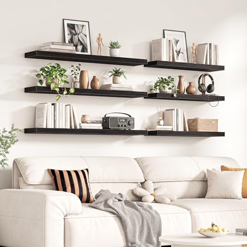 Image of Fun Memories 48Inch Floating Shelves for Wall, 8 Inch Deep Shelves for Bathroom|Bedroom|Kitchen, Large Wall Mounted Wood Hanging Shelf with Invisible Brackets for Home Storage Decor, Black - 2 Pack
