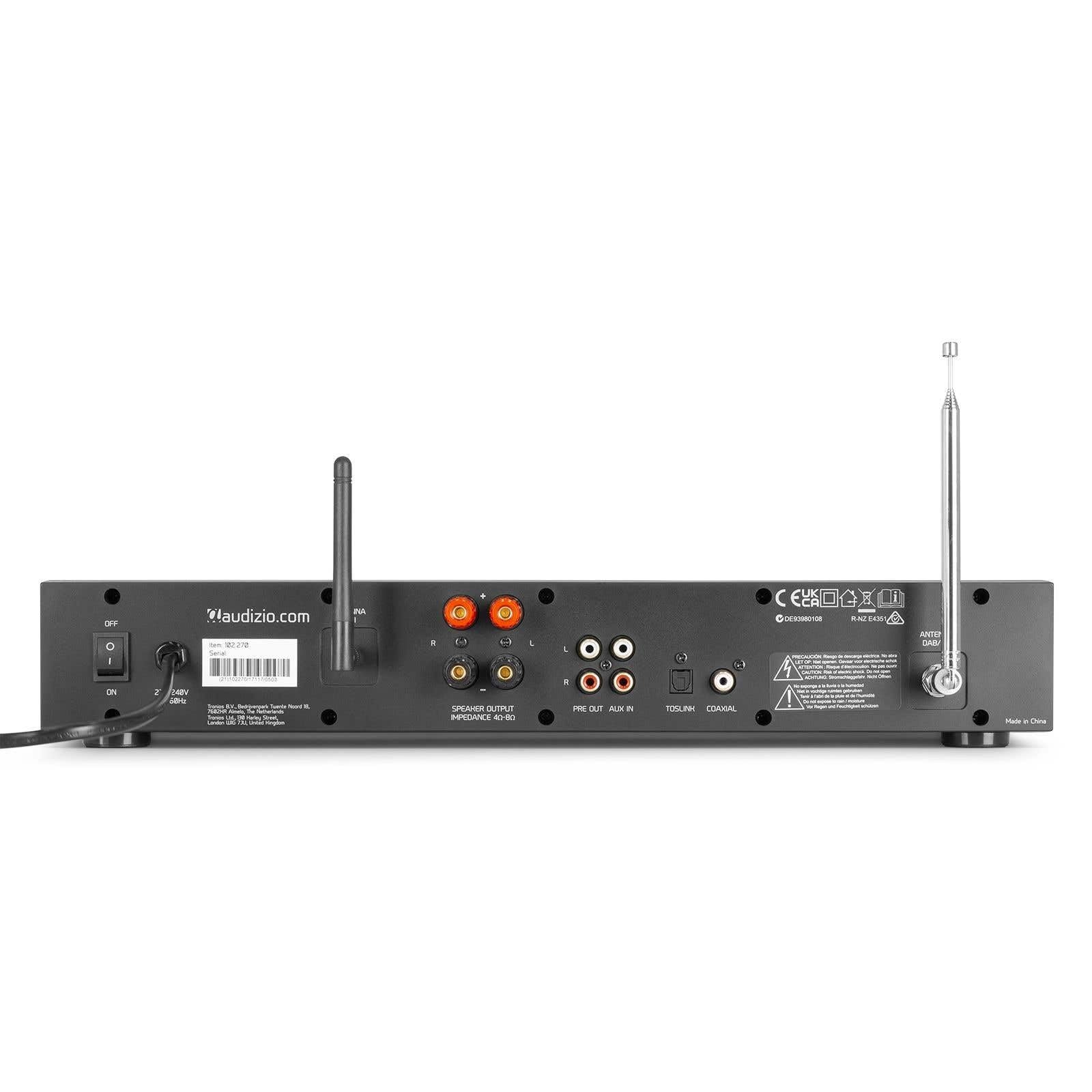 Audizio Brescia Amplificateur Hi-FI avec Radio Internet 120W - Noir, Radio Dab+/FM, Bluetooth 5.0, CD, MP3, USB, Entrée/Sortie RCA, 2 Sorties HP, Idéal pour Écouter Vos Musiques à la Maison