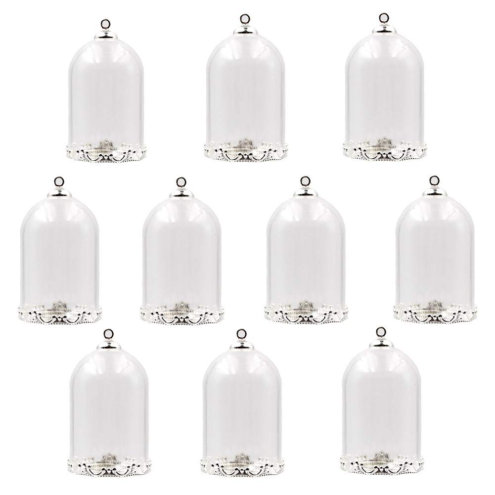 ZenRa 10 Pieces Clear Tube Globe Bottle with Findings, Hollow Glass Dome, Vial Pendant Charms (38x25mm Silver Crown)