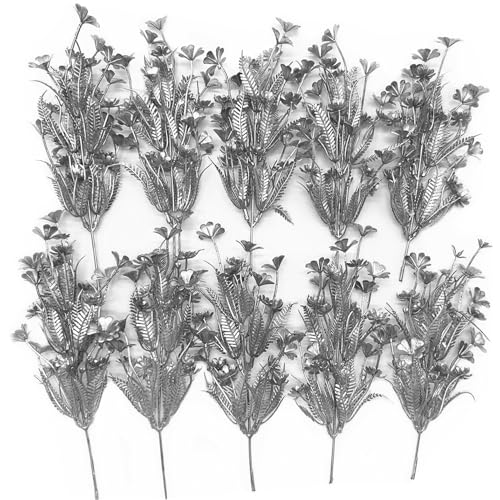 Artificial Plants Decor Fake Glitter Clover Stem Plastic Flowers Stems Faux Simulation Good Luck Grass Twigs Plant for Wedding Picks Decoration DIY Wreath Crafts Christmas Tree Filler Silver 10 Pcs