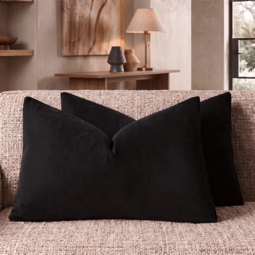 Image of GIGIZAZA Decorative Small Lumbar Pillow Covers, Cushion Covers Velvet Black Pillow Covers, Sofa Throw 12x20 Pillow Covers(Black, 12 x 20- Set of 2)
