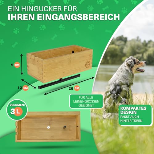 VELONT Hundegarderobe mit Ablage Personalisiert - Größe XL - Perfekter Leinenparkplatz - Bambus - Dogstation für Leinen & Zubehör - Inkl. Kotbeutelspender und Montagekit (01 L)