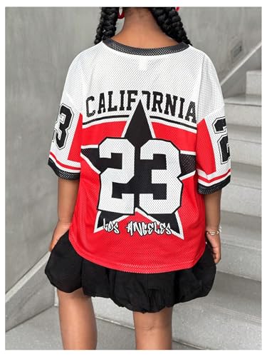 Floerns Girl's Number Jersey Print Shirts V Neck Short Sleeve Oversized Tee Tops2