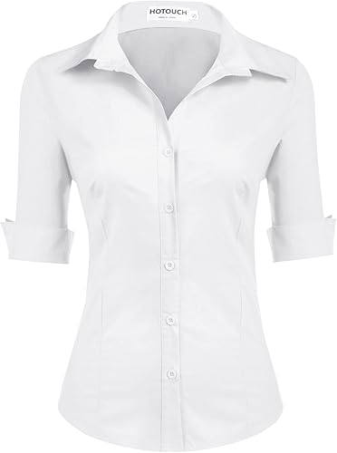 HOTOUCH Camisa de manga 34 con botones para mujer, blusas de trabajo ajustadas, camisas de vestir de algodón, camisas de oficina