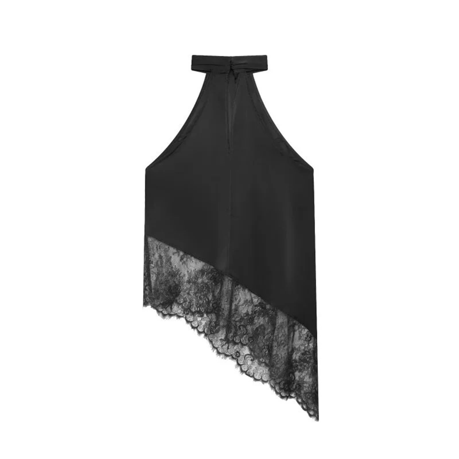Top de satén con Cuello Halter y Encaje asimétrico sin Espalda | Camiseta sin mangas, blusa de verano, ropa de noche sexy, traje elegante for mujer