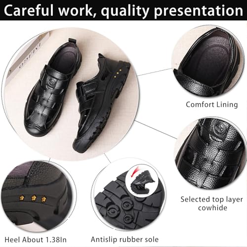 Image of Men's Genuine Leather Fisherman Sandals Closed Toe Anti-Slip Platform Adjustable Hook & Loop Strap Summer Hollow Sandals for Casual Outdoor Travel