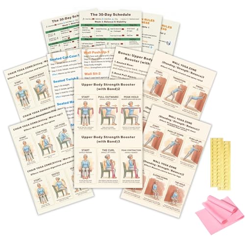 21-Piece Laminated Chair & Wall Yoga Poster Set for Seniors & Beginners Eight 14x22 Large Exercise Charts with 12-Month Writable Workout Log Includes Resistance Band & Wall Adhesives Low Impact Home Fitness