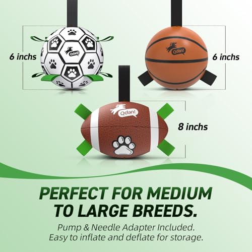 Image of QDAN Dog Soccer Ball Football Basketball Set - 3 PCS Dog Balls with Strap for Tug of War, Soccer Ball Football Toys for Small Medium Large Dogs, Herding Ball for Dogs, Dog Birthday Toy