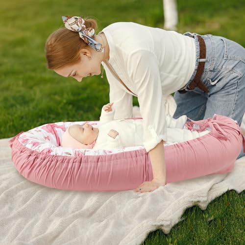 Image of Baby Lounger Cover for Boys Girls, Reversible Baby Nest Cover, Adjustable Baby Lounger Replaceable Cover for Infant Newborn, Portable and Machine Washable, Cotton Pink Rose Cover Only