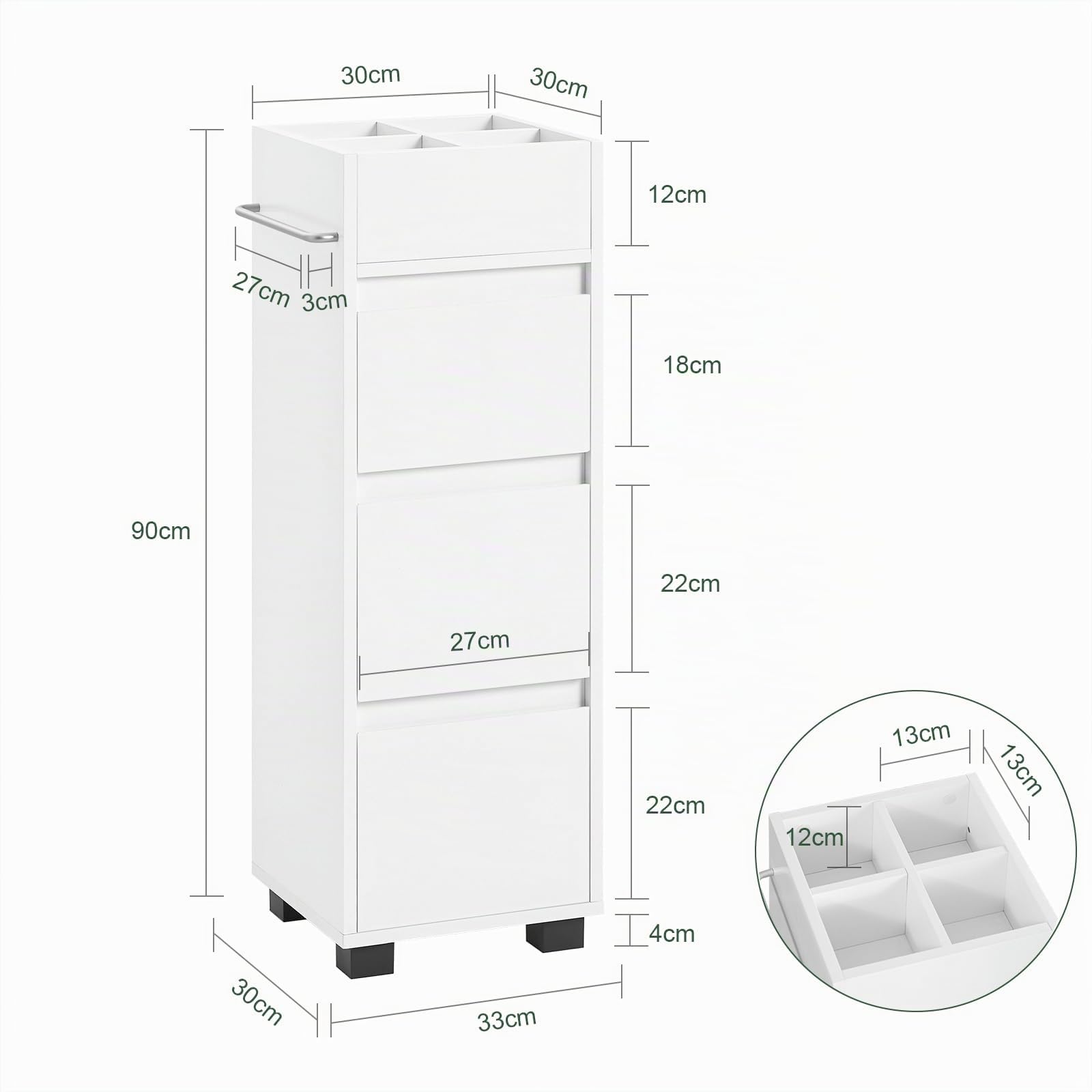 SoBuy Mueble Baño Estrecho– Armario Estrecho con 3 Cajones, 4 Compartimentos, Toallero – Cajonera Baño compacta Adecuada para Espacios reducidos Blanco, 30x90x30 cm, BZR29-W