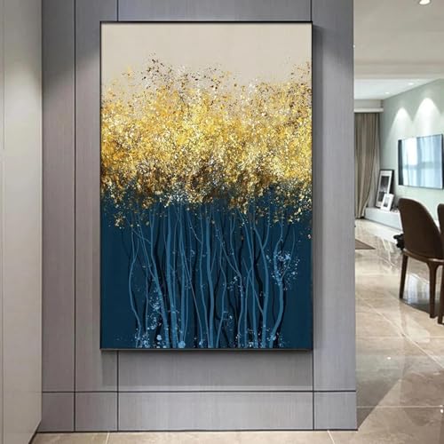 Tableau arbre bleu et feuille d'or pour creer une atmosphere relaxante et chic dans le salon