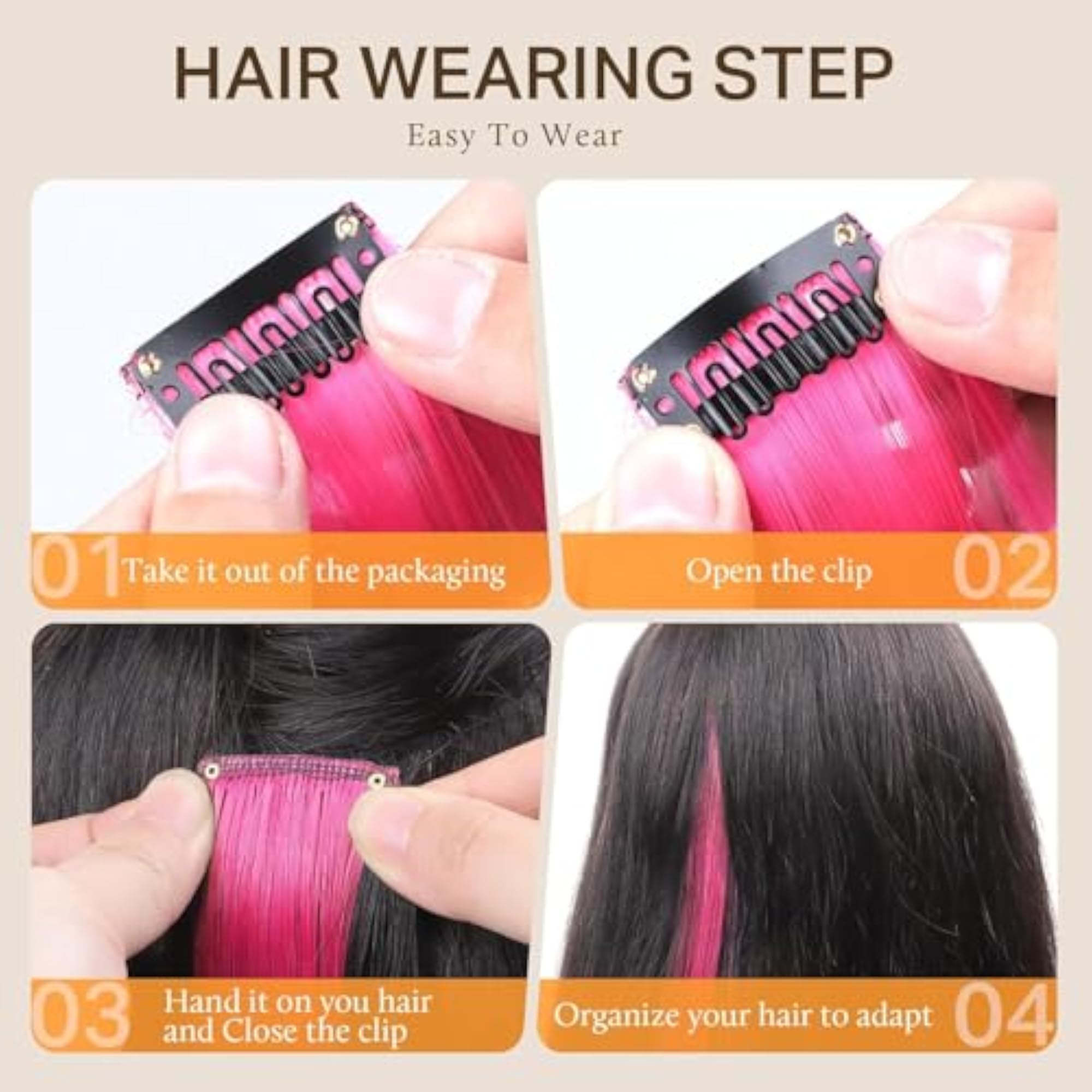 6 Pcs Hot Pink Clip-In Hair Extensions