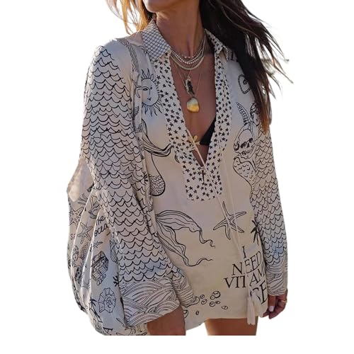 V Neck Beach Shirt Dress and Shorts Set Oversized Long Sleeve Graphic Tee Women Swimsuit Cover Up