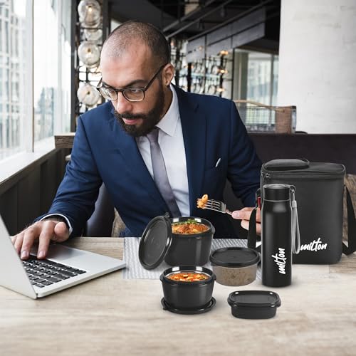 Image of MILTON Max Meal Tiffin (2 Microwave Safe Inner Steel Containers, 320, 450ml;1 Plastic Container,280ml; 1 Handy Bottle,690ml,1 Plastic Chutney Dabba,100ml) with Fabric Bag,Black,Leak & Odour Proof