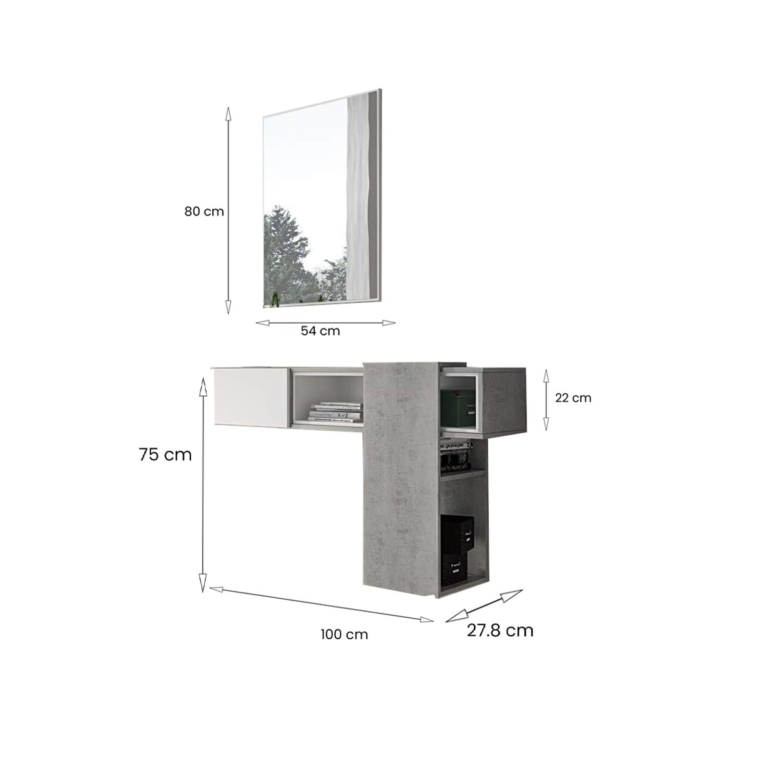 Dmora Mobile da Ingresso Baffin 31.2x100x75h cm Grigio Cemento Specchio Incluso un Ripiano, Appendiabiti