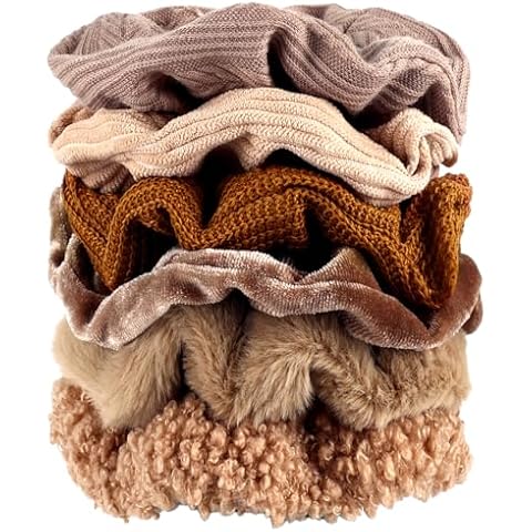 TUCEWP Scrunchies for Women's Hair 6Pcs Large Brown Knit Fuzzy Scrunchies for Long Thick Curly Hair Ultra Textured Soft Hair Bands Neutral Scrunchies Cute Ponytail Holders No Damage Elastic Hair Ties Cover
