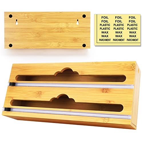 Dispensador de Envoltura con Cortador, Papel de Aluminio y Organizador de plástico para cajón,Organizador de Rollo de bambú 3 en 1,Papel de Cera,dispensador de Papel de estaño para gabinete de Cocina Cover