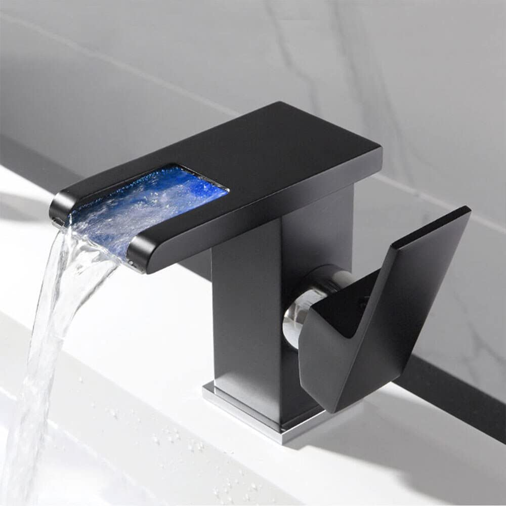 Robinet cascade LED noir anti-brûlure en laiton pour évier de salle de bain