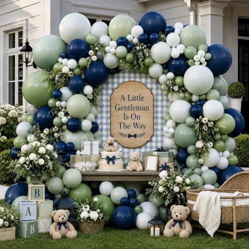 Image of Navy Blue Green Balloon Arch Double Stuffed Dark Blue Sage Green Pastel Balloon Garland Kit for Baby Shower Birthday Bridal Wedding Gentleman Party Decorations