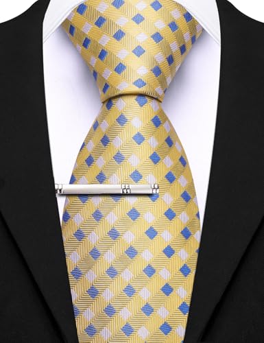 Image of Barry.Wang Plaid Ties Mens Silk Necktie and Tie Clip Checkered Tie for Wedding Party Business Formal