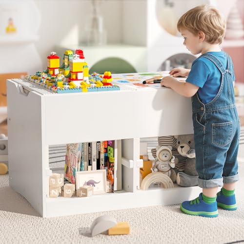 Image of Easyego Kid Sensory Table with Storage - Activity Table with Building Block Boards & Foldable Storage Bins, Birthday Gifts for Boys and Girls - White