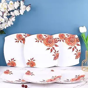 Marvella Melamine Dinner Plates Set of 6 - Full Size 11', Break Resistant, Edgy Square Designer Plate for Eating or Serving in Home, Kitchen Use or Cafe, Stainless (Sangria Red)