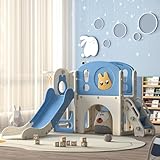 NYEEKOY 8-in-1 Toddler Slide and Climber Playset, Kids Slide Playground with Stairs, Tunnel, Telescope, Storage, Basketball Hoop and Ball, Indoor Outdoor, 1-3 Years Old, Blue