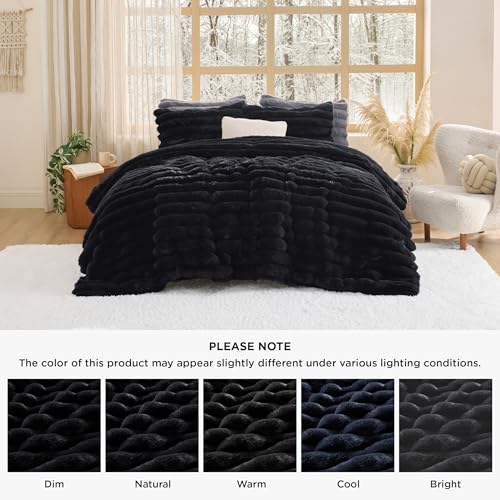 Image of Bedsure Faux Fur King Size Comforter Set - Black Fluffy Comforter King Size, Soft and Cozy Shaggy Winter Bedding Comforter Sets, Warm Luxury Fuzzy Bed Set 3 Pieces, 1 Comforter and 2 Pillowcases