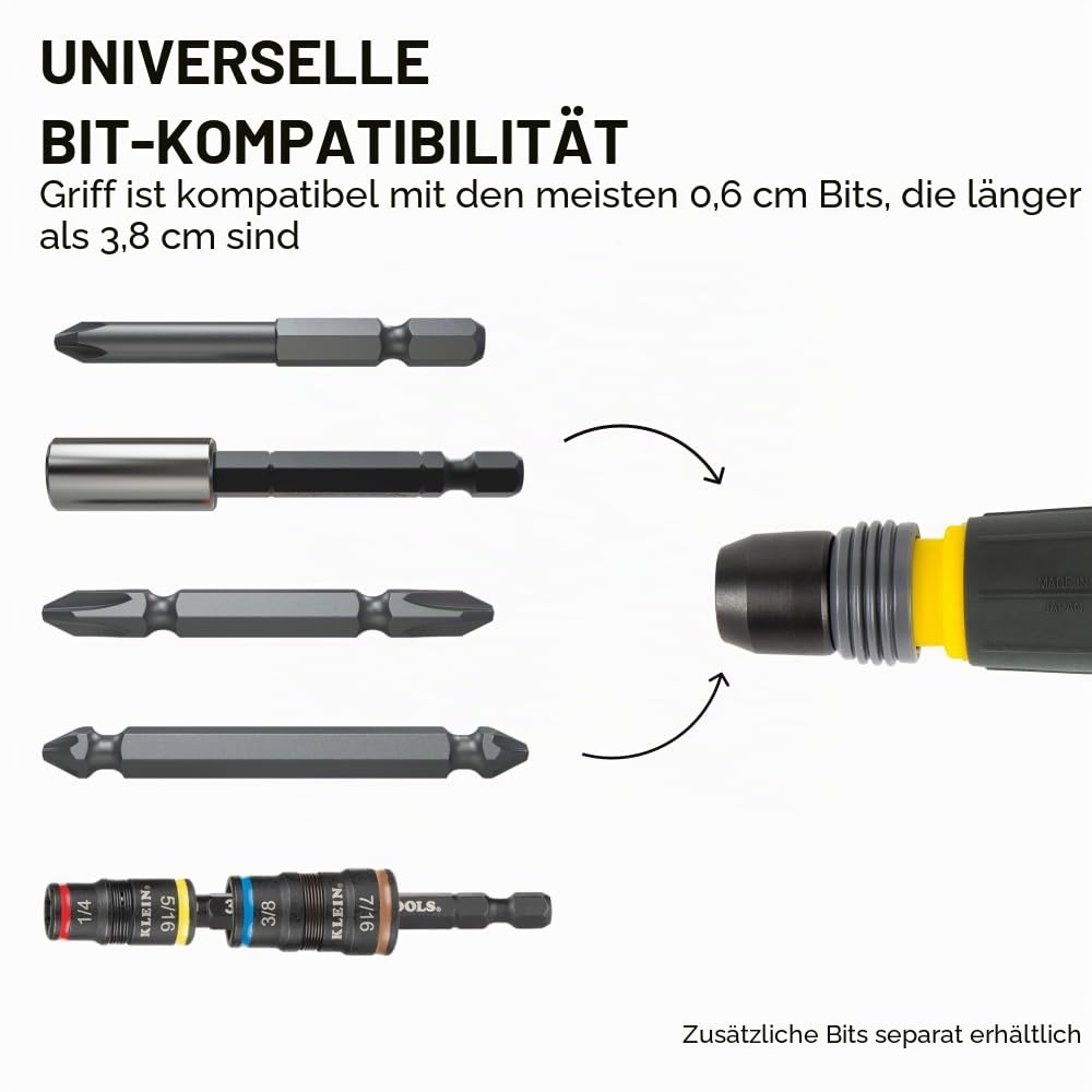 Klein Tools 32960A Fastbit Tru-Grip Schraubendreher, Kugelgriff mit Schnellspannkragen, #2 Kreuzschlitz und 6 mm Schlitz-Doppelend-Bit, 1/4-Zoll-Bit-kompatibel