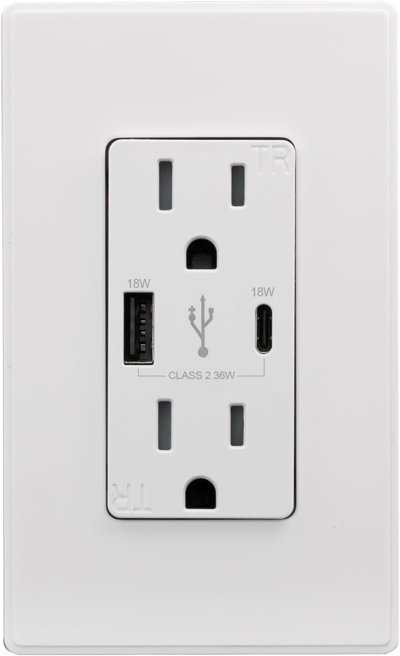 ELEGRP 18W USB Outlet Type A/C, Fast Charge Wall Outlet with 2 USB Ports, Power Delivery 15 Amp Wall Outlet with Tamper Resistant, UL Listed, Wall Plate Included, 1 Pack, Matte White