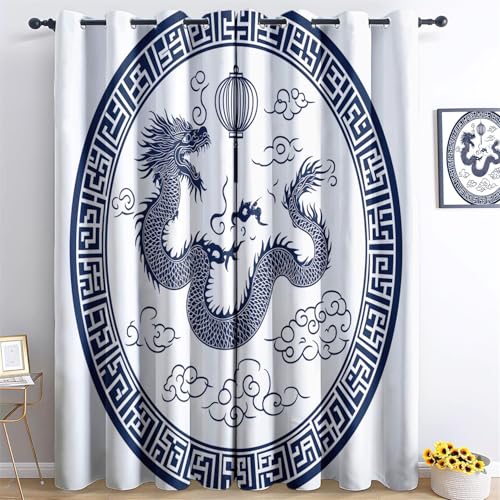 Cortinas Opacas para Dormitorio 140An x 245Al cm (2 Paneles) Opacas con Cortina Patrón de dragón Chino Azul y Blanco Aislamiento Térmico para Salón Oficina Hotel Decorativas con OjalesAzul