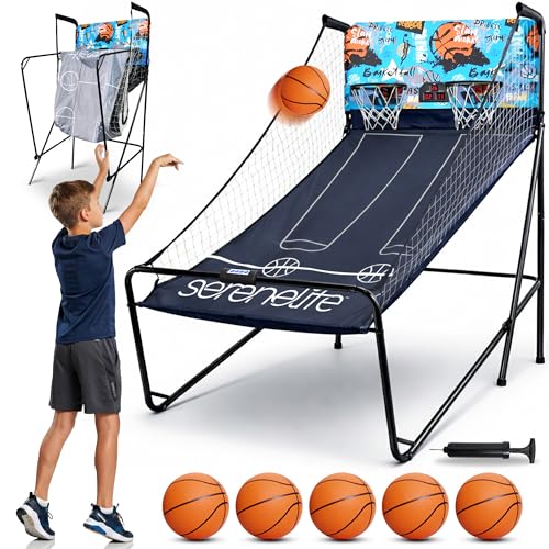 SereneLife Dual Shot Basketball Arcade Game with Electronic Scorer, 8 Modes, Indoor Outdoor 2 Player Basketball Shooting Game, Foldable Arcade Set with 5 Balls and Pump
