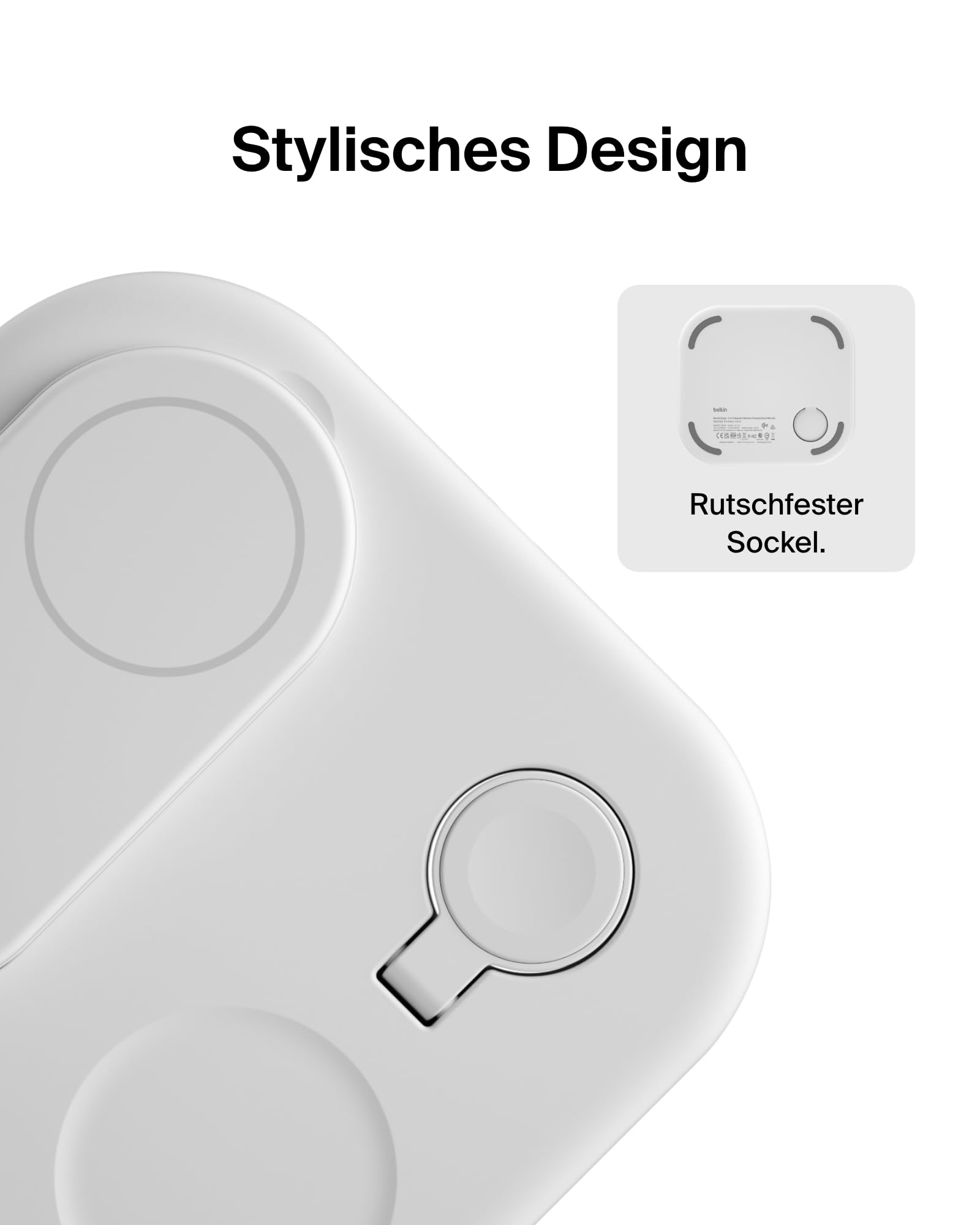 Belkin BoostCharge 3-in-1 Ladegerät, faltbar mit Qi2, 15W – Weiß | MagSafe Kompatible Induktive Ladestation für iPhone, Apple Watch und AirPods, Rutschfester Sockel, mit Kabel und 36W Netzteil