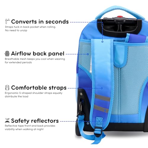 Image of J World Sunrise Kids Rolling Backpack with Wheels for Girls Boys, Roller Bookbag for School, 18 x 13 x 9 Inches, Blue Gradient