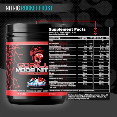 Image of Gorilla Mode Nitric Upgraded Stimulant Free Pre-Workout - Best Tasting and Most Effective Stimulant Free Pre-Workout /Massive Pumps . Vasodilation . Power / 768 Grams (Rocket Frost)