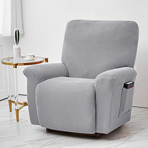Stretch Recliner Cover, 4-Piece Soft Sofa Cover Thick Single Seat Couch Cover Jacquard Recliner Slipcover With Pocket (Light Grey) #TOP1