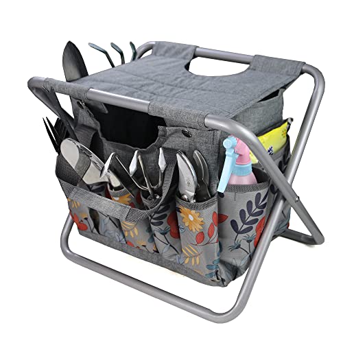 MDSTOP Folding Gardening Stool with Detachable Storage Tote Bag, Gardening Tools Set Organizer for Fishing Outdoor Sports Hiking Camping Garden, Gardening Gifts for Mom/Dad, Without Tools (Aluminum)