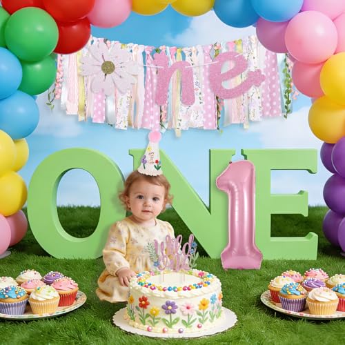 Image of Wild One Flower Highchair Banner for First Birthday Party Decorations | Pink Floral High Chair Tassel Banner for Girls Baby Shower Wildflower Fabric Banner One Birthday Backdrop Decorations