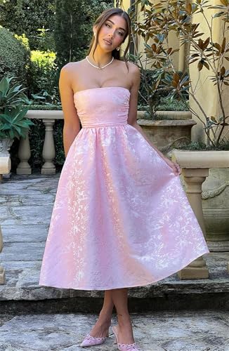 Embroidery Satin Prom Dresses for Women Strapless Formal Evening Party Gowns Tea Length A-Line Ball Gown4