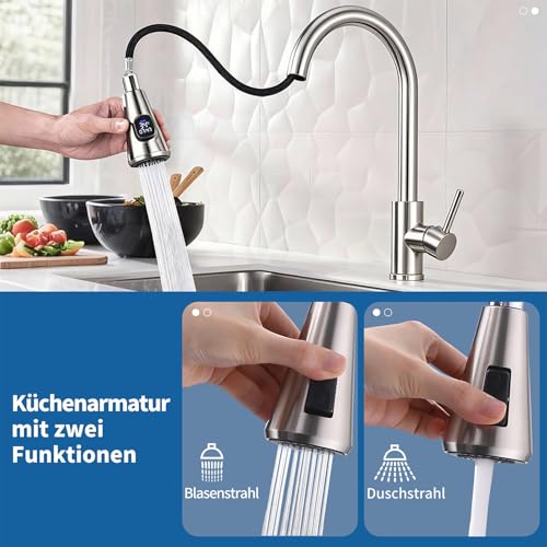 HOMELODY Küchenarmatur mit LED-Temperaturanzeige, Wasserhahn Küche ausziehbar, 360° schwenkbare Hochdruck-Spültischarmatur aus Edelstahl… – Ansicht 4