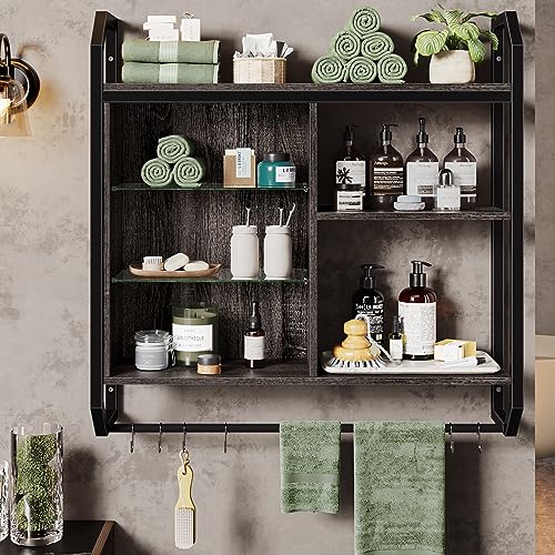 Bestier Gaming Floating Shelves, 34" LED Wall Mounted Shelf with Adjustable Glass Shelf, Pipe Shelves Hanging Display Rack Bookshelf with 6 S-Hook, Gaming Room Decor Wine Coffee Bar Black