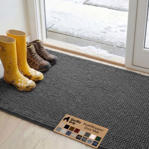 Image of GORILLA GRIP SoakSTOPPER Dog Door Mat, 48x30 Machine Washable Rug Absorbent Doormat Captures Moisture Mud Dirt, Quick Dry Soft Chenille Entryway Rugs Indoor Entrance Mats for Dog Paws, Charcoal