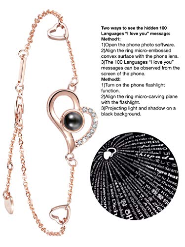OneSight Women Love Heart Projection Bracelet or Anklet Jewelry, 925 Sterling Silver Memory of Love Bracelet or Anklet - 100 Different Languages for I Love You (Rose Gold Bracelet) - Image 3