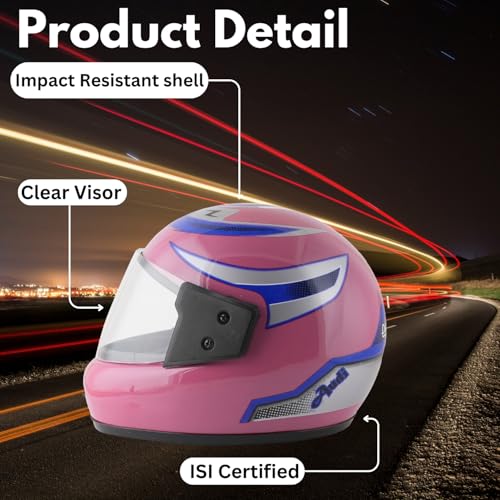 Image of Sage Square Audi Kimi Full Face Helmet | ISI Certified | Clear Visor | Comfort Inner Padding | Designed for Extra Comfort & Style (Pink Glossy- Blue Decal)