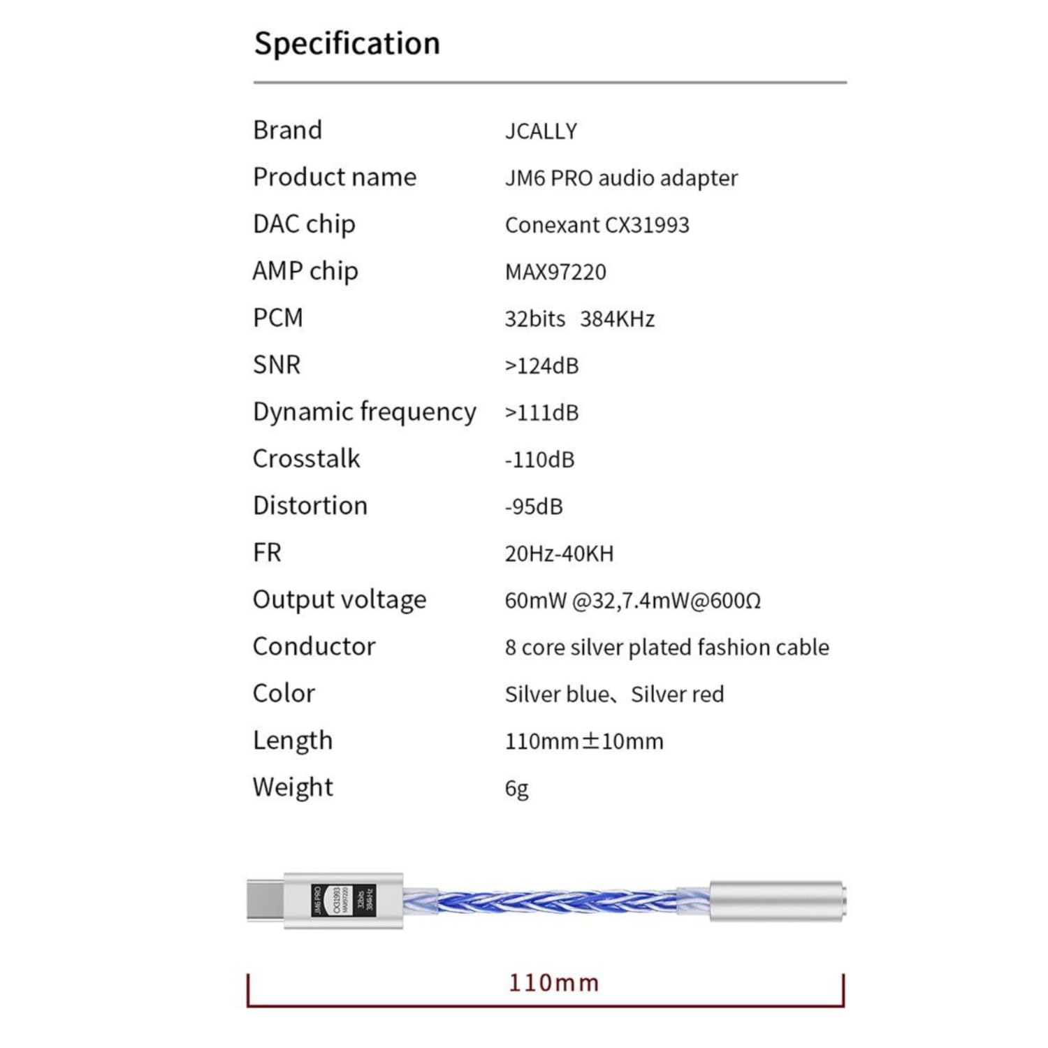 JCALLY JM6 Pro USB-C to 3.5 mm Dual DAC CX31993 MAX97220 HiFi Audio Adapter (Rosso)